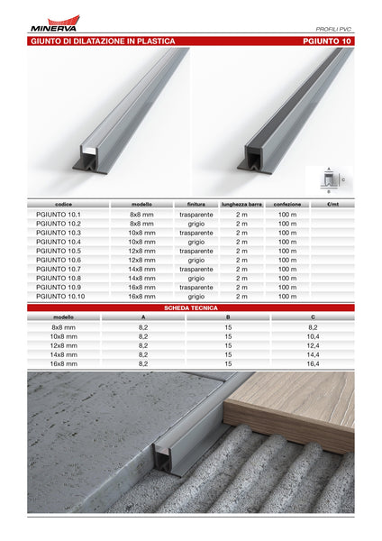 Profilo a giunto dilatazione in pvc con silicone grigio e trasparente per pavimenti. Barra 2 m