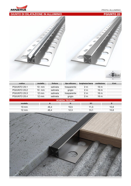 Profilo Giunto dilatazione in alluminio per pavimenti. Barra 2 m