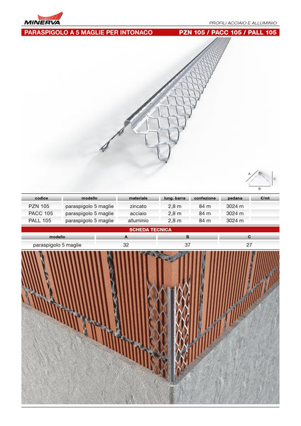 Profilo-paraspigolo stirato zincato/alluminio/acciaio 5 maglie per intonaco. Barra 2.8 m