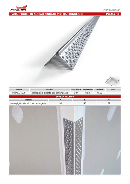 Profilo-paraspigolo forato in lamiera 3 fori per cartongesso. Barra 3 m.