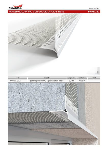 Profilo-Paraspigolo con gocciolatoio rompigoccia in pvc con rete in fibra di vetro. Barra 2.5 m