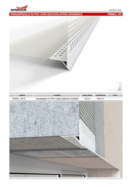 Profilo-Paraspigolo con gocciolatoio rompigoccia invisibile 2 in pvc con rete di vetro. Barra 2.5 m