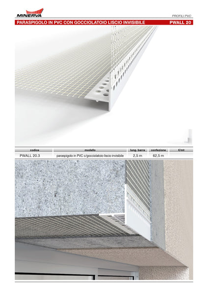 Profilo-Paraspigolo con gocciolatoio rompigoccia invisibile in pvc con rete di vetro. Barra 2.5 m