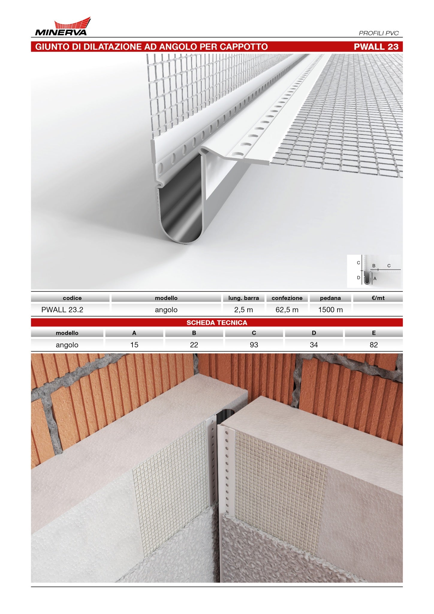 Profilo giunto dilatazione ad angolo in pvc con rete. Barra 2.5 m