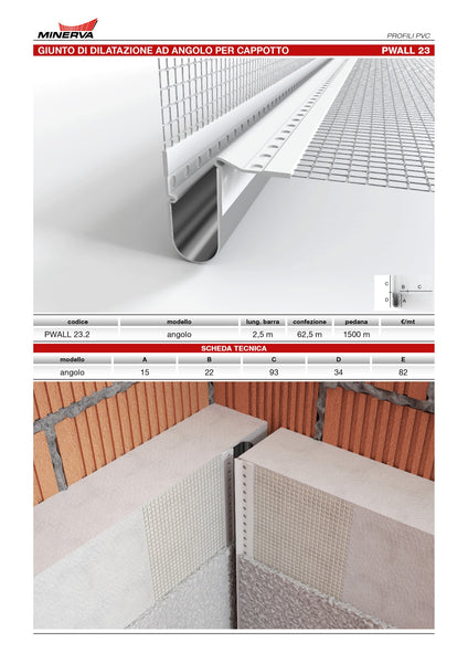 Profilo giunto dilatazione ad angolo in pvc con rete. Barra 2.5 m