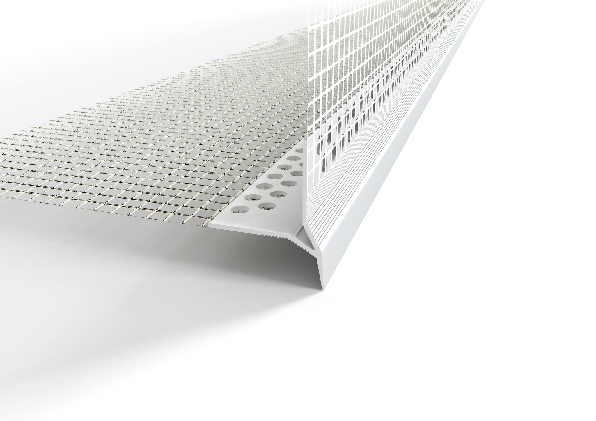 Profilo-Paraspigolo con gocciolatoio rompigoccia in pvc con rete in fibra di vetro. Barra 2.5 m